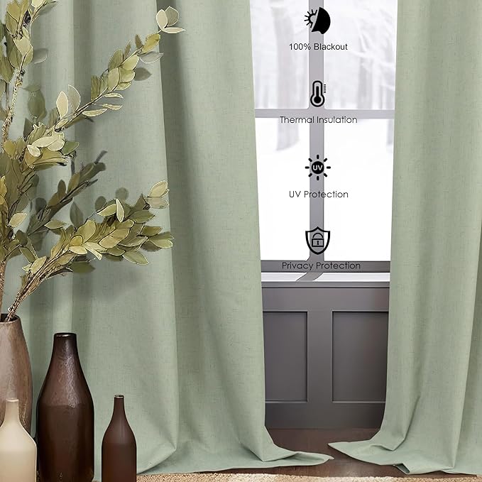96 Inch Curtains 2 Panels Set Drapes 96 Inches Long Spring Curtain for Living Room Sage Green Black Out Linen Room Darkening Blackout Thermal Vertical Patio Blinds for Sliding Glass Doors Vintage Boho-CasaMuseHome
