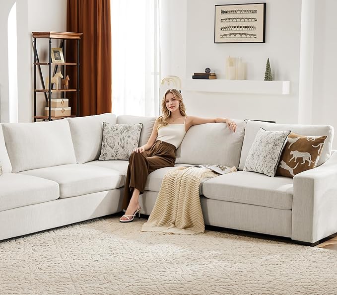 112" Modular Sectional Sofa, Large 7 Seater L Shaped Couch with Detachable Sofa Cover, Movable Ottoman, Deep Seat Corner Couch for Living Room, Apartment - Linen Fabric, Ivory-CasaMuseHome