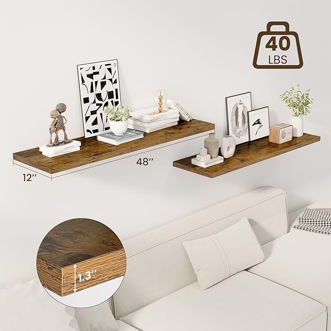 48" Floating Shelves for Wall, 12" Deep Slim Rustic Brown Floating Shelves, Wall-Mounted Shelves for Bedroom, Living Room, Kitchen, Bathroom - Set of 2-CasaMuseHome