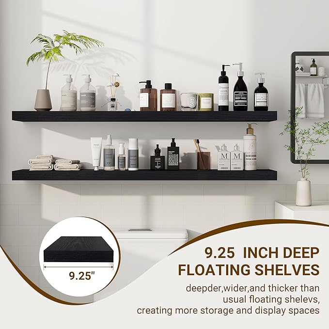48 Inch Floating Shelves, 48"x9.25"x1.5" Inch Deep Floating Shelves for Wall, Wooden Shelves for Bathroom, Bedroom, Living Room, Black-CasaMuseHome