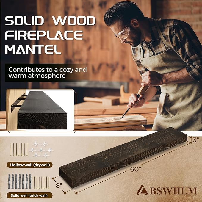 60x8x3 Fireplace Mantel - Solid Rustic Wood - Wall Mounted Floating Shelf with Invisible Heavy Duty Steel Bracket (Weathered Black)-CasaMuseHome