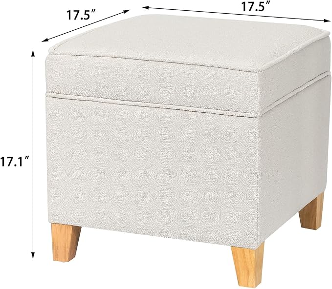 Adeco 17.5" Square Fabric Ottoman with Storage - Upholstered Cotton Linen Foot Rest - Flip Top Footstool with Sturdy Wood Legs, Small Cube Coffee Table Extra Seat for Living Room, Bedroom, White-CasaMuseHome
