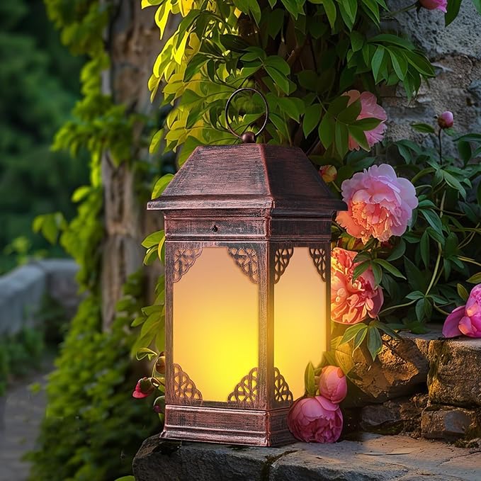 14" Solar Lanterns Outdoor Waterproof, Glass Flickering Flame Solar Lantern, Hanging Metal Lantern Decorative for Patio Front Porch Garden Backyard Tabletop Party Decoration-CasaMuseHome