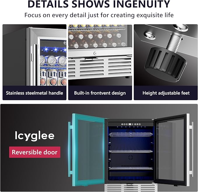 24 Inch Beverage Refrigerator, Beverage Cooler 180 Can Built-in Design, Under Counter Beer Fridge with Glass Door for Soda, Wine, Water - For Kitchen, Office or Bar-CasaMuseHome