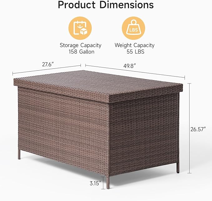 158 Gallon XL Deck Box with Lid, All Weather Wicker Outdoor Storage Box Waterproof, Large Outdoor Patio Storage Bin for Cushions, Garden Tools, Gears, Pool Accessories, Brown-CasaMuseHome