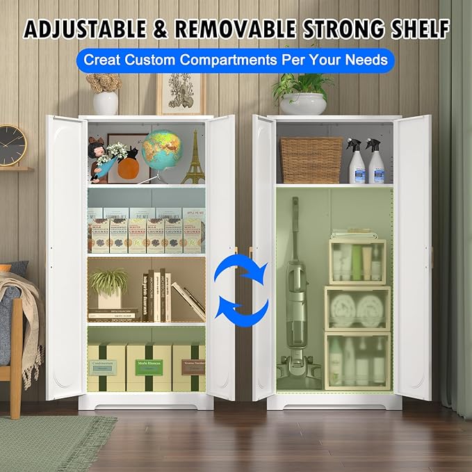 60" Tall Kitchen Pantry Cabinet, Metal Pantry Cabinet with Doors and Adjustable Shelves, White Utility Storage Cabinet with Handles for Dining Room, Bathroom, Laundry Room - Assemble Required-CasaMuseHome