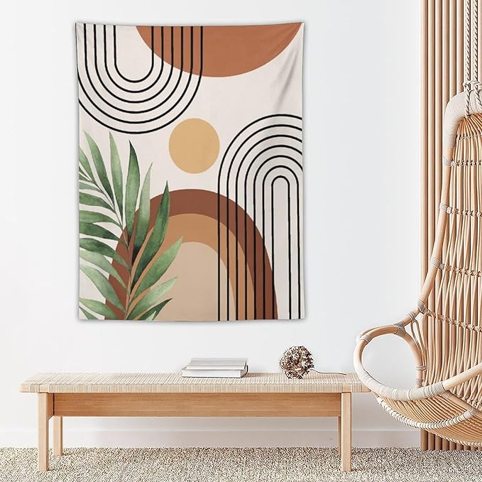 Abstract Bohemian Mid Century Tapestry, Tropical Leaves Modern Geometric Archway Minimalist Bohemian Botanical Aesthetic Wall Hanging, Sage Green Gold Home Decor Art for Bedroom 40x60 Inch-CasaMuseHome