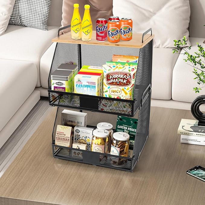 2 Tier Stackable Hanging fruit basket for kitchen counter,hanging Wall baskets with Bamboo Tops & Tag,Wire basket for Cabinet Shelf Countertop Pantry Organizer Bins, onion potato Vegs Bread Organizing-CasaMuseHome