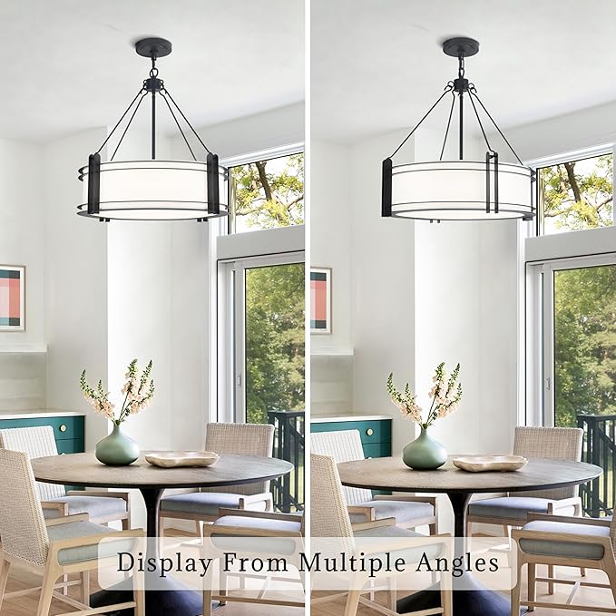 20.4''Drum Chandelier,5-Light Fabric Modern Chandeliers,Black Farmhouse Round Pendant Light Fixture for Dining Room Kitchen Island Living Room Bedroom Hallway-CasaMuseHome