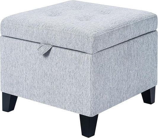 Adeco 18 Inch High Cube Ottoman Storage, Linen Chair Foot Stools, Upholstered Vanity Stool with Hinged Lid, Solid Wood Legs-CasaMuseHome