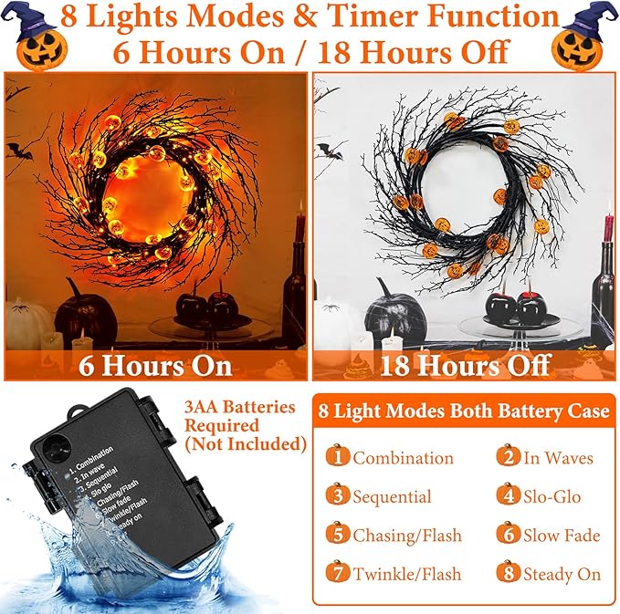 7 Ft 63 LED Halloween Decorations Willow Vine Twig Garland with 8 Modes Timer 21 Pumpkin Orange Lights, Halloween Garland with Waterproof Battery Operated for Indoor Wall Fireplace Decorations-CasaMuseHome