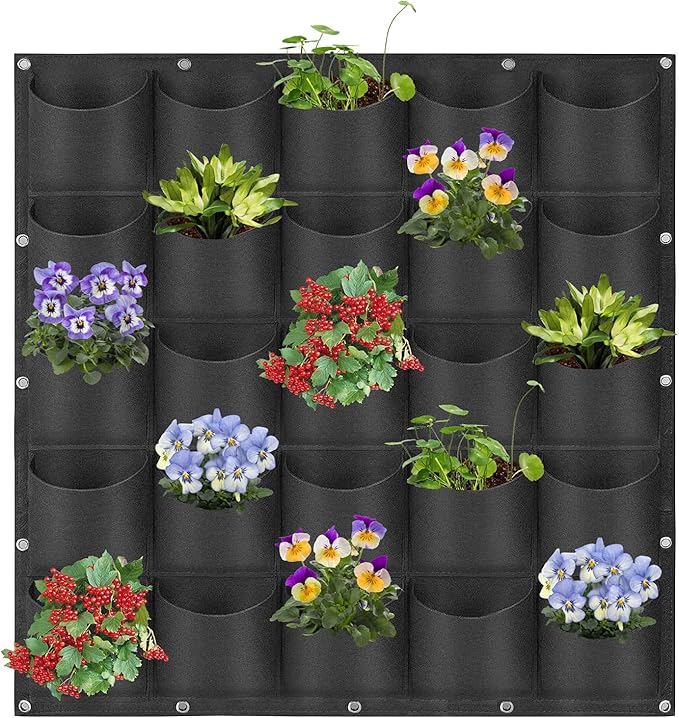 25 Pockets Hanging Planter Bags, Hanging Vertical Wall Mounted Plant Planting Grow Bags, Herb Garden Planter Outdoor Indoor Growing Bag, Gardening Vertical Greening Flower Container(1m×1m, Black)-CasaMuseHome