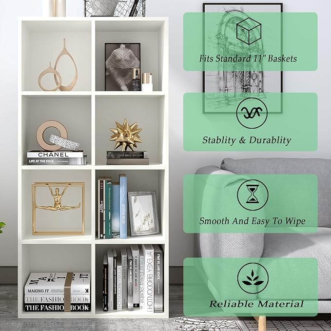 8-Cube Storage Shelf Bookcase - Wooden 4-Tier Floor Standing Open Bookshelf, Modern TV Stand up to 55 Inchs for Home and Office, Warm White-CasaMuseHome