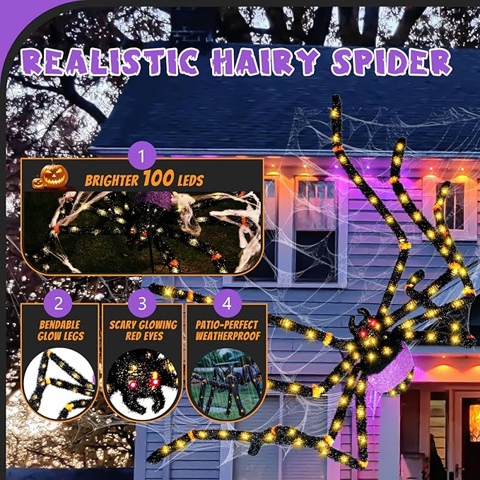 5.5FT Giant Spider Halloween Decorations with 100 LED, Plug-in Pre-Lit Light Up Scary Spider Halloween Decorations, Large Spider Decorations for Outdoor, Yard, Lawn, Exterior Walls-CasaMuseHome