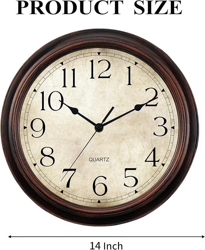 14 Inch Wall Clocks Battery Operated Silent Non-Ticking Analog Wall Clock Vintage Retro Rustic Style Decorative for Living Room Kitchen Home Office(Bronze)-CasaMuseHome