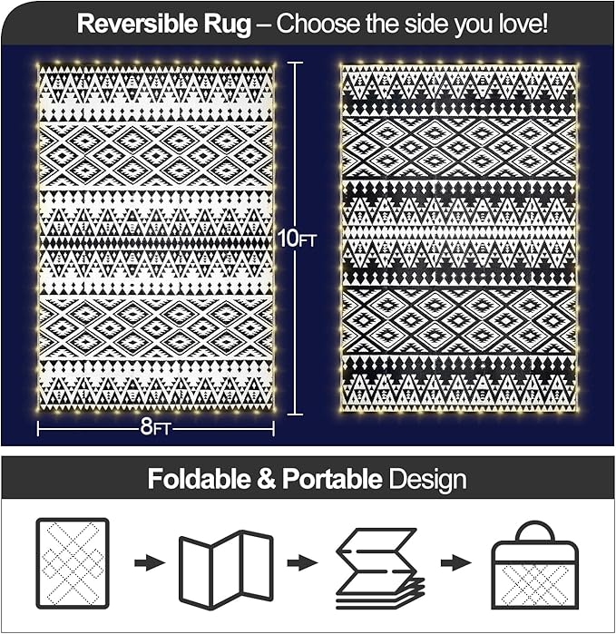 8x10ft Waterproof Outdoor Rug with LED Lights, Bohemia Reversible Plastic Straw Mat for Patio RV Camping Picnic Balcony Beach Deck Indoor Outdoor Carpet, Black&White-CasaMuseHome