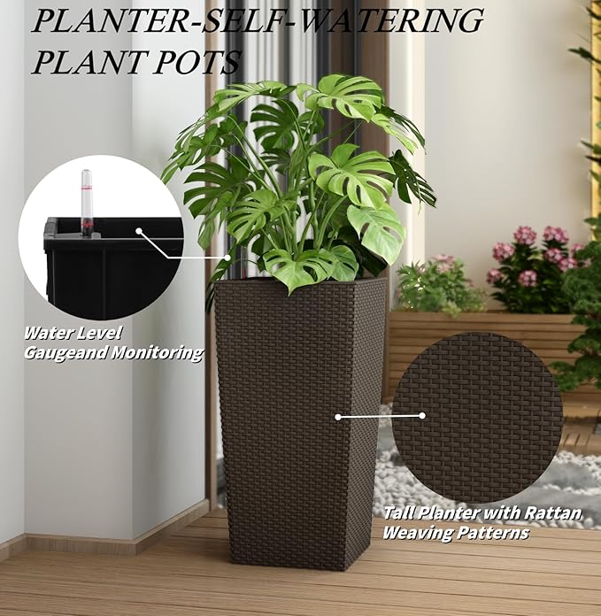2Pcs 23in High Large Plant Pots Planter-Self-Watering,Modern Planter with Drain Holes,Water Level Monitor,Inner Bucket for Indoor/Outdoor Front Porch Patio,Brown Rattan-CasaMuseHome