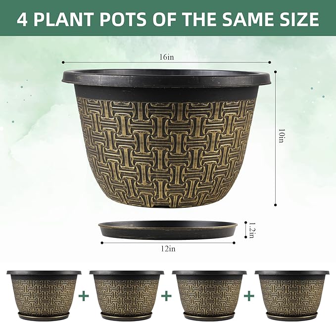 4 Pack 16 Inch Planter,Large Plastic Flower Pots Outdoor Indoor with Drainage Holes & Trays, Retro Antique Imitation Decorative Garden Plant Pots Outdoor for Houseplants-CasaMuseHome