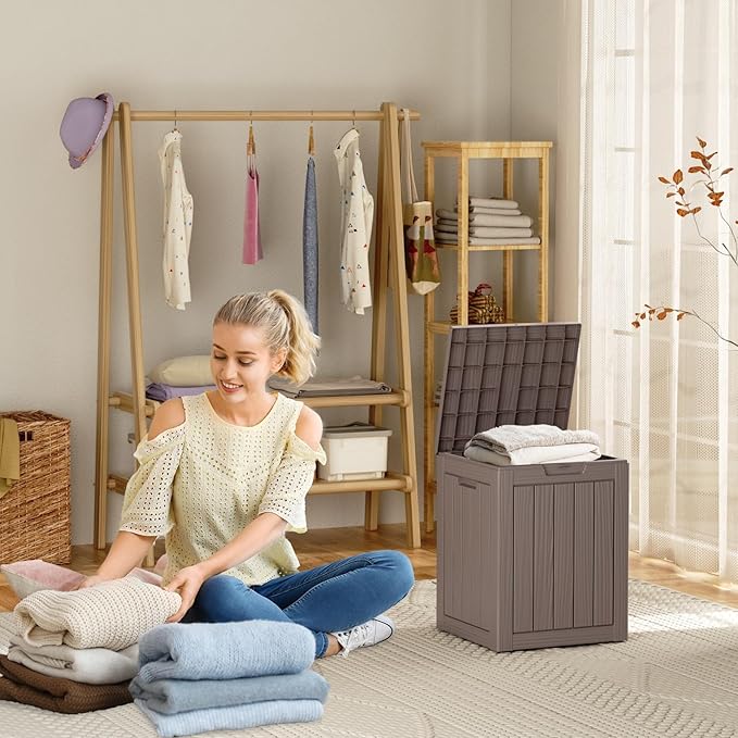 28 Gallon Resin Deck Box, Lockable Outdoor Storage Box for Patio Cushions Storage Furniture,Garden Tools, Pool Supplies, Weatherproof and UV Resistant (Grey)-CasaMuseHome