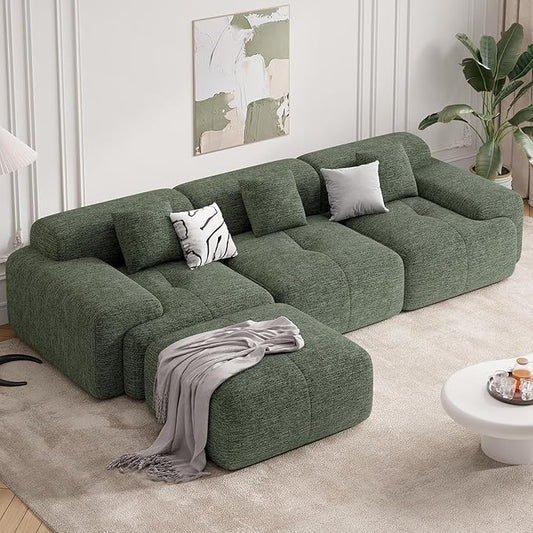 122" Modern L Shaped Modular Sectional Sofa, Boneless Couches for Living Room with Ottoman,4 Seater Convertible Chenille Cloud Couch Sofa Set, No Assembly Required, Green 1 PCS-CasaMuseHome