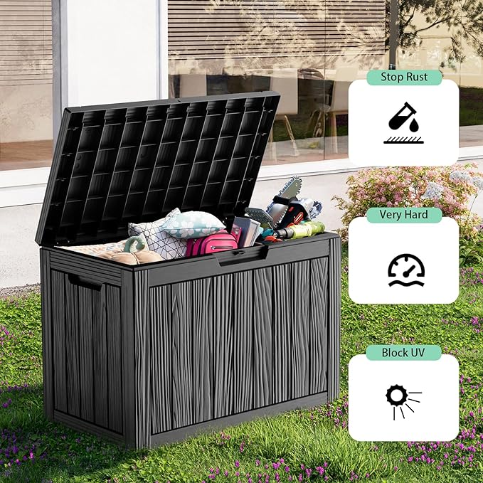 45 Gallon Resin Deck Box, Lockable Outdoor Storage Box for Patio Cushions Storage Furniture,Garden Tools, Pool Supplies, Weatherproof and UV Resistant（Black）-CasaMuseHome