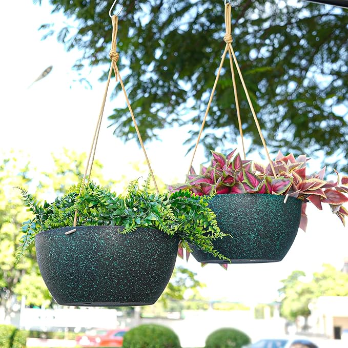 13 Inch 2 Pack Large Hanging Planters for Indoor Outdoor Plants, Plastic Hanging Basket Pots for House Plants Flowers, Black Speckles-CasaMuseHome
