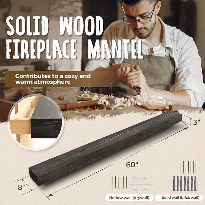 60x8x3 Fireplace Mantel - Handcrafted Hollow Rustic Solid Wood Wall Mounted Floating Shelf with Invisible Heavy Duty Wood Bracket (Weathered Black)-CasaMuseHome