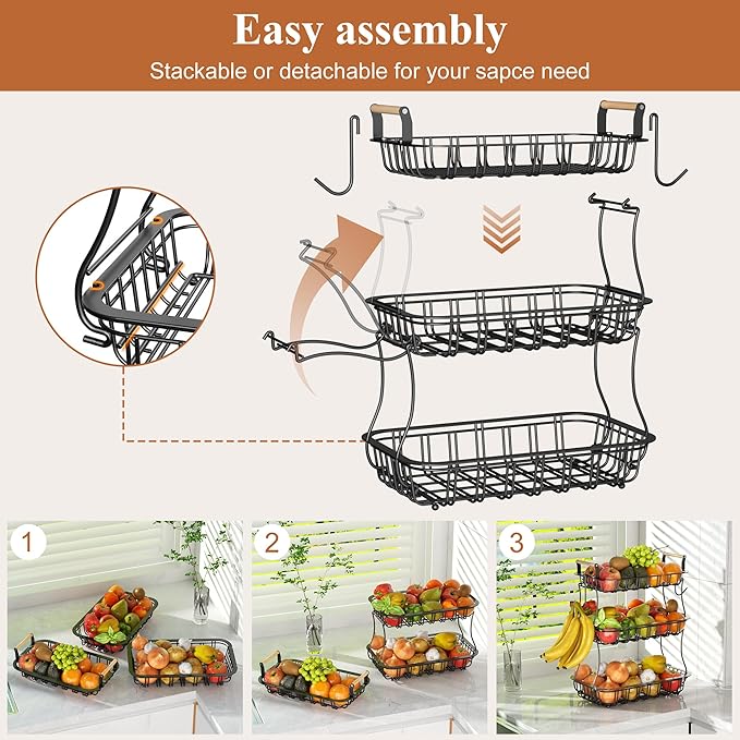 3 Tier Fruit Basket for Kitchen Counter, Fruit Bowl with 2 Banana Hooks Mesh Top, Multifunctional Detachable Sturdy Kitchen Storage Organizer for Vegetables Snacks Onion Potato, Black-CasaMuseHome