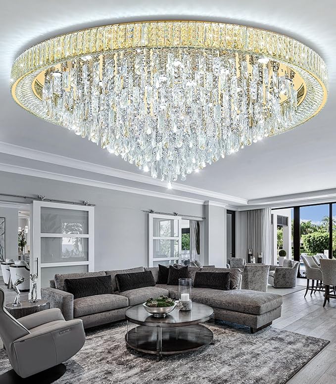 53.7'' Modern Crystal Big Large Chandeliers LED Dimmable Flush Mount Ceiling Chandeliers for Living Room High Ceiling Entrance Foyer Lobby Bedroom Gold-CasaMuseHome