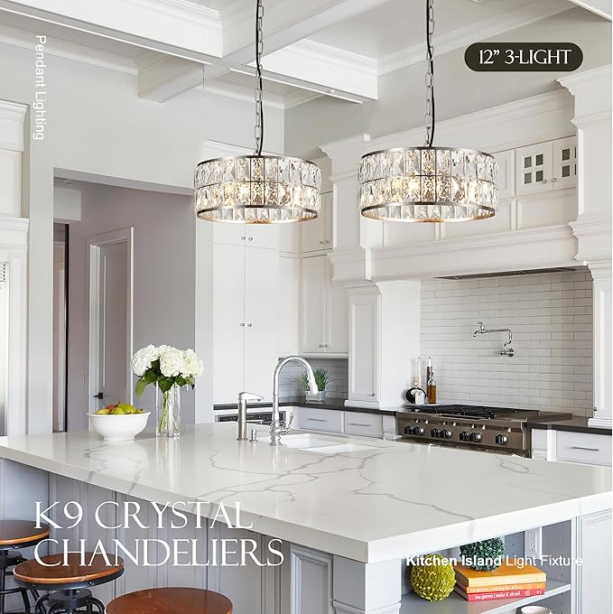 12” 3-Light Modern Crystal Chandeliers Nickel Dinning Room Light Fixture, Round Pendant Light Kitchen Island Chandelier, Flush Mount Ceiling Light for Living Room Entryway Bedroom Foyer-CasaMuseHome