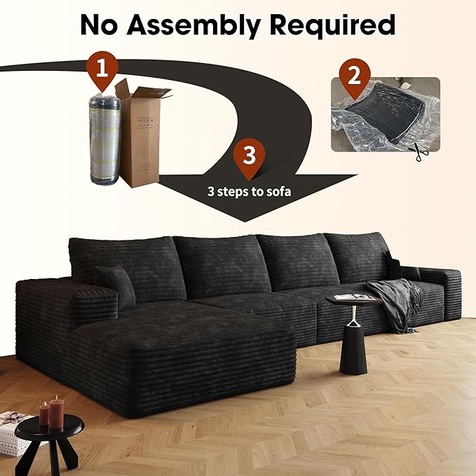 136" Sectional Couches for Living Room Modern Modular Sofa with L-Shape Couchs Upholstered Boneless Couch Deep Seat Sectional Couch with Chaise (Black, Left Facing Chaise+3Seaters)-CasaMuseHome