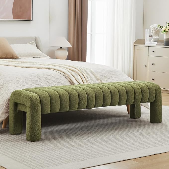 63" Bedroom Bench, Upholstered Entryway Bench, Modern End of Bed Ottoman with Solid Wood Legs and Adjustable Foot Pegs for Entryway, Dining Room and Living Room, 440lbs (Green Boucle)-CasaMuseHome