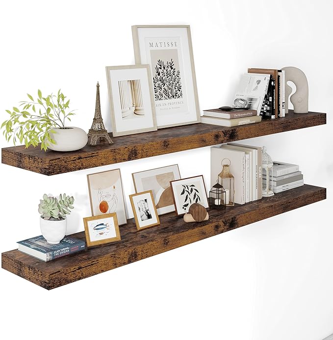 12" Deep Floating Shelves for Wall 55 Inches Long, Heavy Duty Wall Shelves for Bedroom Bathroom Kitchen Laundry Room, Farmhouse Rustic Shelves for Home Decor, 55" X 12" X 2" Set Of 2, Rustic Brown-CasaMuseHome