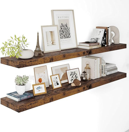12" Deep Floating Shelves for Wall 55 Inches Long, Heavy Duty Wall Shelves for Bedroom Bathroom Kitchen Laundry Room, Farmhouse Rustic Shelves for Home Decor, 55" X 12" X 2" Set Of 2, Rustic Brown-CasaMuseHome