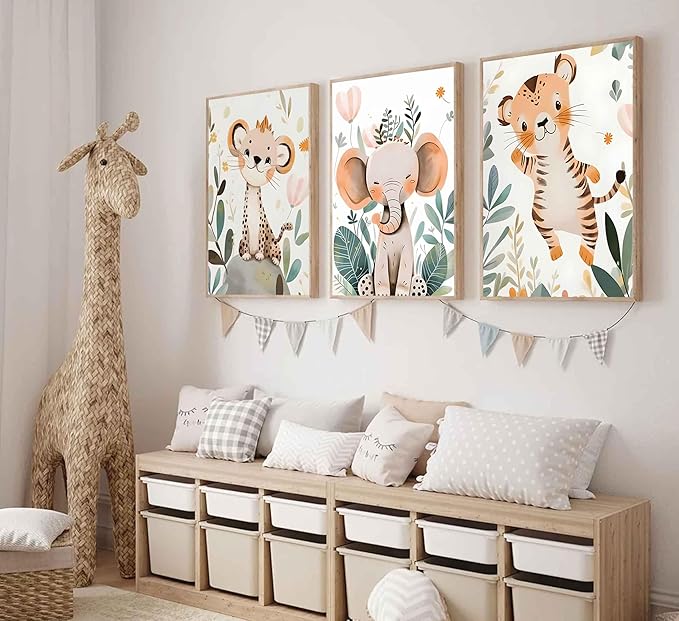 3 Pcs Safari Animals Nursery Canvas Wall Art Jungle Animals Cheetah Elephant Tiger Kids Room Illustration Pictures Wall Decor Posters Print Artwork for Classroom Boy's Girl's Room Bedroom-CasaMuseHome