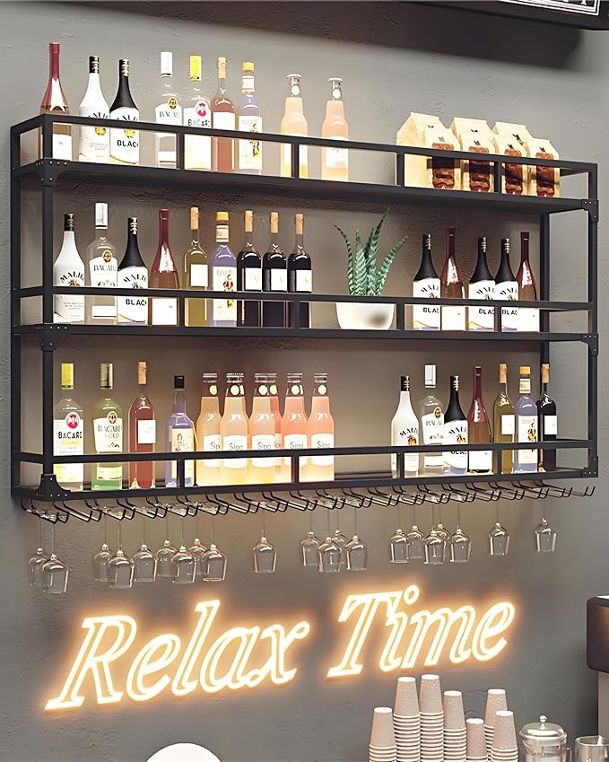 59" Large Wine Rack Wall Mounted with Bottle Glass Holder, 3-Tiers Metal Liquor Floating Shelves with LED Light, Wall Bar Shelf for Home, Restaurant, Commercial Bar, Kitchen Storage Display-CasaMuseHome