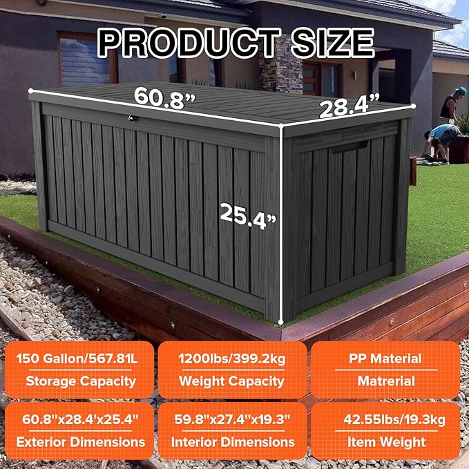 150 Gallon Double-Wall Resin Deck Box - Lockable Waterproof Outdoor Storage Box, 1000lbs Capacity & Doubles as Seating for Patio Furniture - Garden Tools, Pool Accessories (Black)-CasaMuseHome