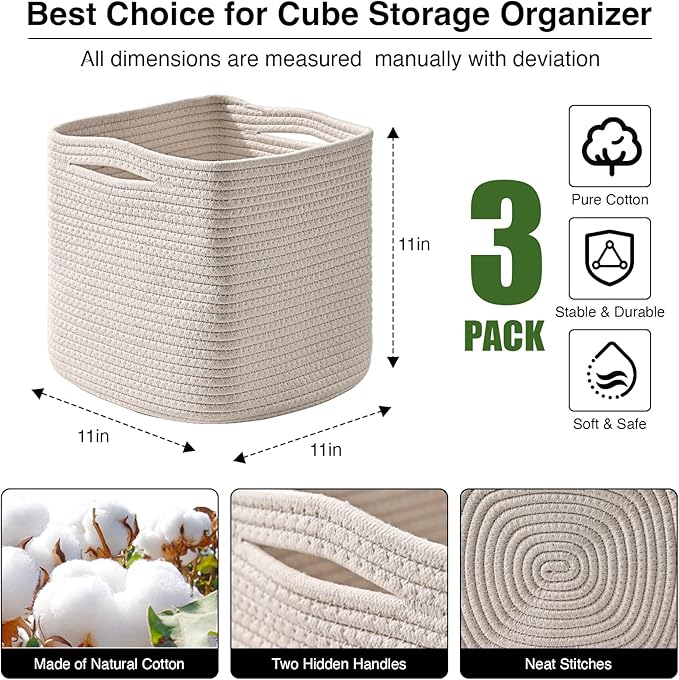11 Inch Cube Storage Bins, Organizer Bins, Woven Cotton Rope Baskets for Storage, Storage Baskets for Organizing Shelves, White Basket for Toys, Off White (Pack of 3)-CasaMuseHome
