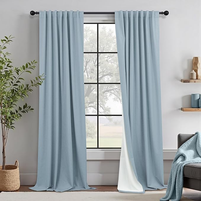 100% Blackout Curtains 90 Inches Long for Living Room 2 Panels Set Light Blocking Heat Darkening Energy Saving Curtain Window Coverings Coastal Beach Linen Farmhouse Drapes Bedroom Stone Blue Chambray-CasaMuseHome