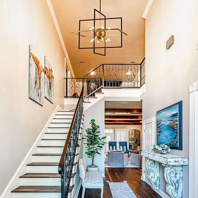 31.5'' Large Modern Lantern Chandeliers, 12-Light Black Gold Geometric Pendant Light Fixture, Industrial Hanging Chandelier for Entryway Foyer Hallway Dining Room, Kitchen Island-CasaMuseHome