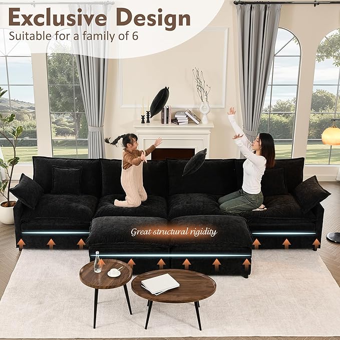 142.5" U Shaped Couch, Modular Sectional Sofa, 3-Seater Comfy Cloud Couch with Movable Ottoman, Deep Seat Couches for Living Room, Chenille, Black-CasaMuseHome
