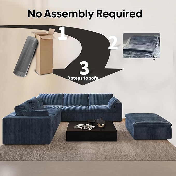 118" 6-Seater Cloud Sofa,Modular Sectional Couch with Ottoman,Modern Deep Seat Upholstered Couches with Plush Corduroy Fabric for Living Room Furniture,Bedroom and Apartment,No Assembly Required,Blue-CasaMuseHome