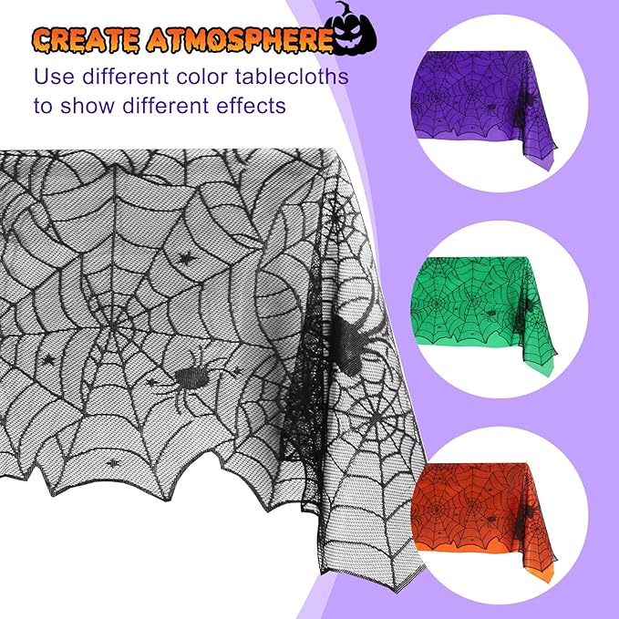 2Pcs Halloween Tablecloths, Black Lace & Purple Lined Rectangular Table Cloth, Spider Web Table Cover for Scary Halloween Decorations Indoor, 54 x 72 Inch-CasaMuseHome