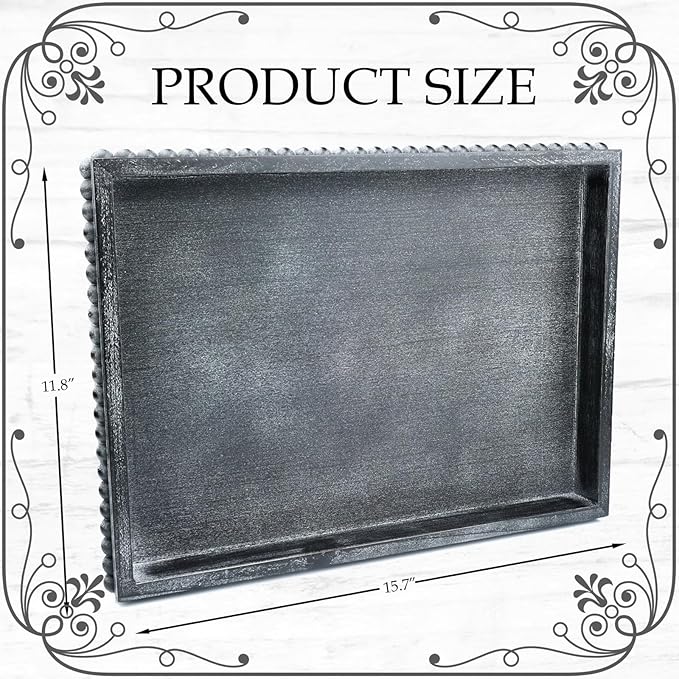 Rectangle Wood Serving Tray with Beads, Black Washed Wooden Decorative Tray for Entertaining, Decoration, and Gifting-CasaMuseHome
