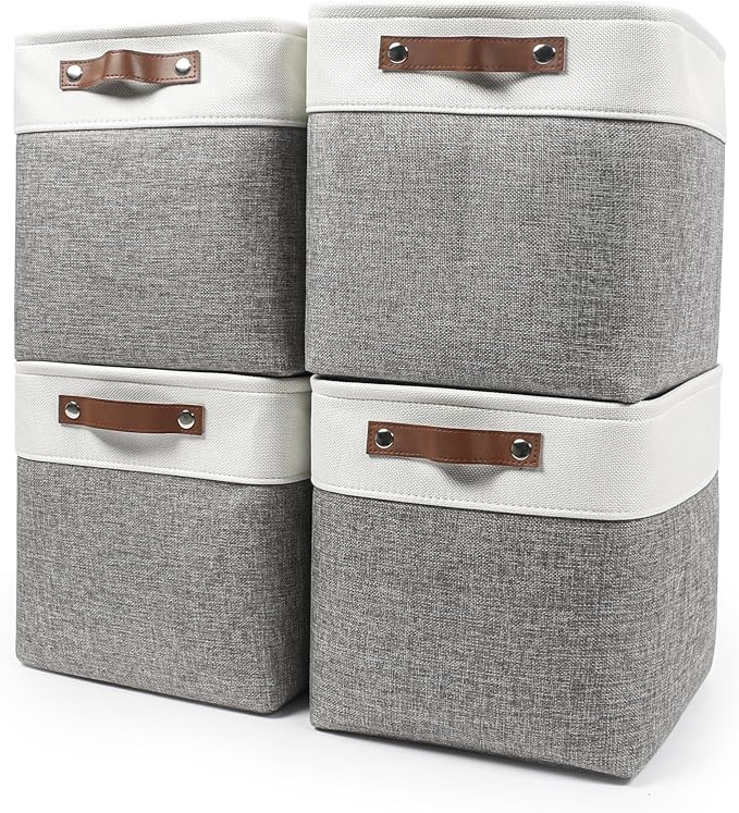13x13 Cube Storage Bins, Collapsible Fabric Storage Box, 4 Pack Closet Baskets with Handles for Organizing, Shelf, Toys, Clothes, Home, Office, Nursery (Grey&White)-CasaMuseHome