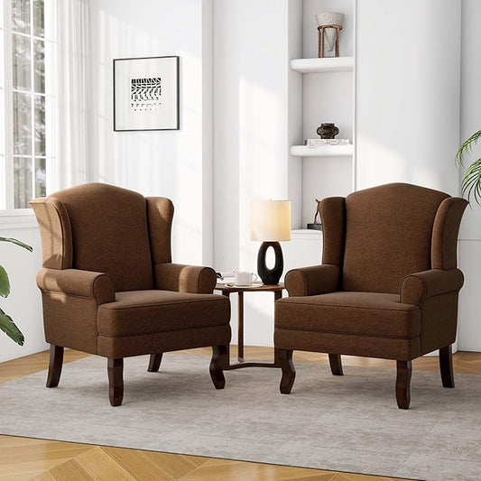 Accent Chair, High Back Upholstered Armchair with High Resilience Sponge & Wood Legs, Mid-Century Modern Comfy Single Sofa Reading Chairs for Living Room, Bedroom (Brown, Set of 2)-CasaMuseHome