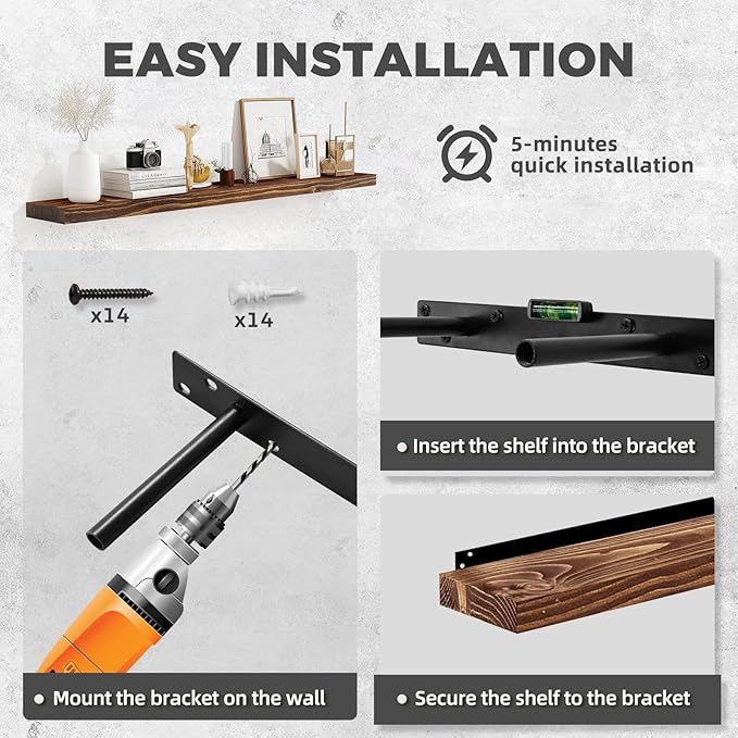 36"x6.8"x1.2" Solid Wood Floating Shelves 2-Pack - Rustic Brown Finish with Hidden Brackets, Perfect for Storage and Décor in Living Room, Kitchen, Bedroom-CasaMuseHome