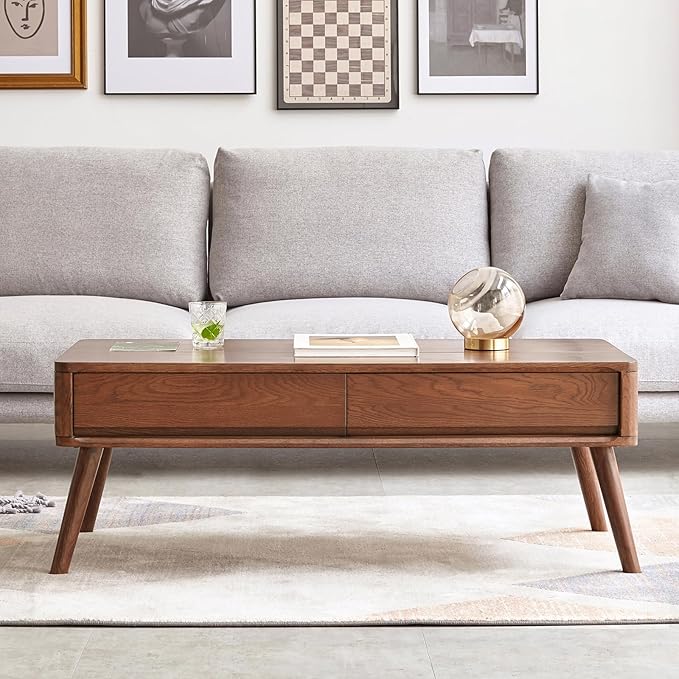 100% Solid Wood Lift Top Coffee Table for Living Room, Mid Century Modern Tables with Drawers and Large Storage, Oak Wood Coffee Tables for Small Spaces (Oak Walnut Color, 47.24"W x 23.62"D x 25.59"H)-CasaMuseHome