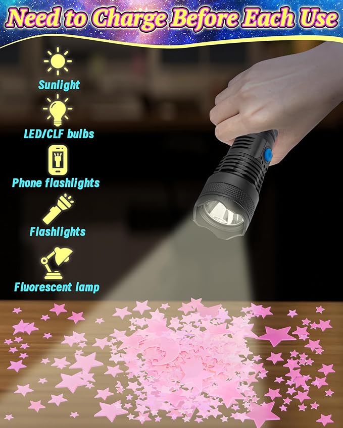 201 Pcs Glow in The Dark Stars Stickers for Ceiling, Pink Toddler Wall Room Decor Gifts, Luminous 3D Glowing Stars Stocking Stuffers for Kids Boys Girls-CasaMuseHome