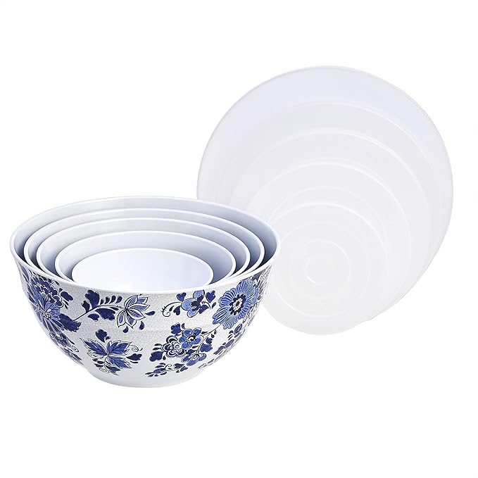 Amazon Basics Nesting Melamine Mixing Round Bowl with Lid and Non-Slip Base, 5 Sizes, Blue and White Floral, Set of 10, 4 quarts, 3 15/16",7 9/16",8 7/8",10",11 1/4"-CasaMuseHome